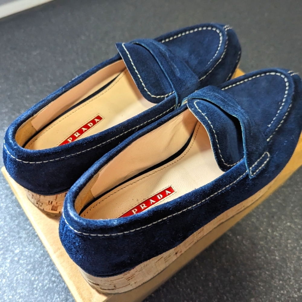 Prada Blue Suede Cork Loafers US7